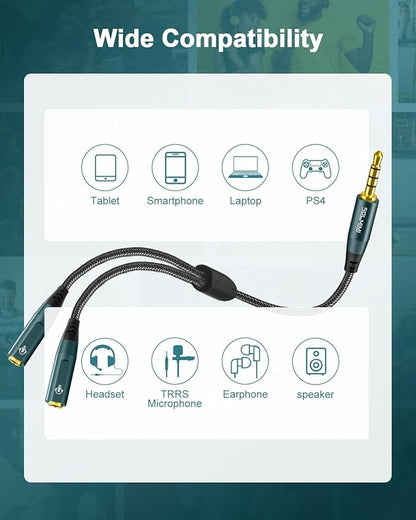 SOLMIMI Headphone Splitter for 2 Headphones, TRRS 3.5mm Male to 2 Female Audio Jack Splitter Adapter Compatible with Two Headsets or Microphones to PC, Laptop, Smartphones, PS4, PS5, Xbox - 1 FT
