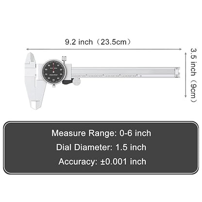 HDLNKAK Dial Caliper Shockproof Dial Caliper Precision Caliper with Black Watch 0-6" Range, 0.001” Resolution 6 Inch with 0.001" Precision Calipers 4-Way Measurement with Plastic Case.