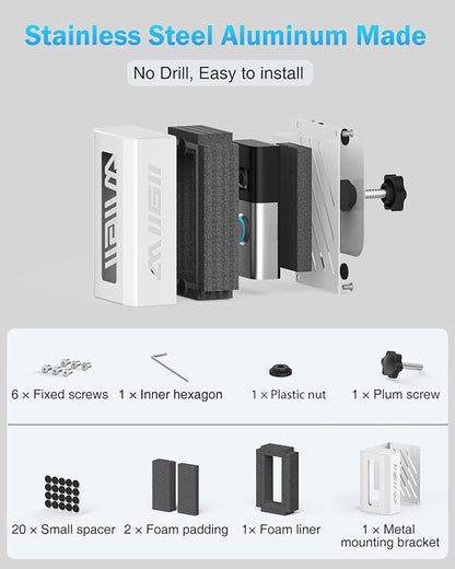 MIIGII Anti-Theft Doorbell Mount for Ring Doorbell 4/ 3/ 2/ 1, No Drill Adjustable Video Doorbell Cover Holder for Home Apartment Office Room, Waterproof Stainless Metal Made, White