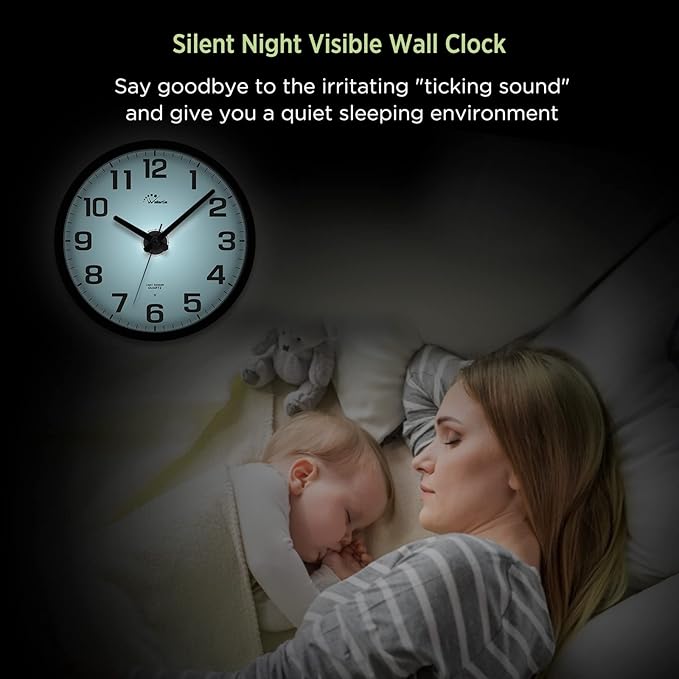 WallarGe Night Light Wall Clock for Bedroom - Silent Lighted up Wall Clock Glow in The Dark, Battery Operated for Living Room/Kitchen, Easy to Read Large Digital Display, 12 Inch
