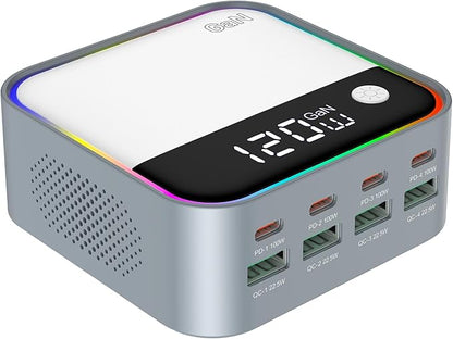8-Port USB C Charging Station 120W, GaN Fast Charger Block with RGB Ambient Light, Simultaneously Charge Laptop, Phone, Tablet, Headphones for Desk, Gaming, Multiple Device