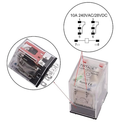 TWTADE/DC 12V Electromagnetic Power Coil Relay 10A 8 Pins 2DPT 2NO 2NC with Indicator Light and Socket Base -YJ2N-LY