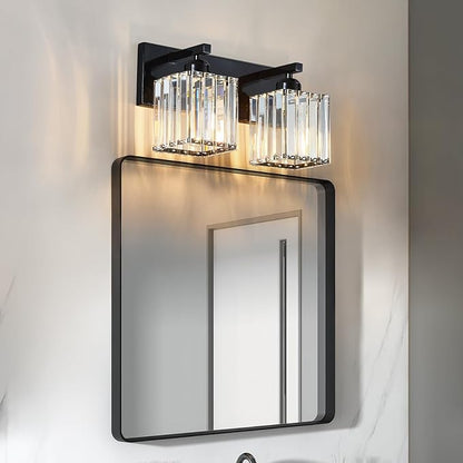 FDPBY Modern Bathroom Vanity Light 2-Lights Plating Black Crystal Bathroom Wall Light Vanity Light Fixtures