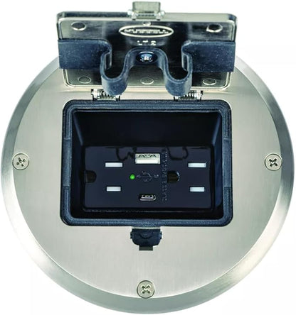 RACO Floor Box Kit 6239ACNI Nickel 15A/125V Duplex Receptacle Outlet with USB Ports, Single Gang Electrical Box for Wood Sub-Floor with 3.1A/5V Type A and C USB Outlet Receptacles for Home Improvement