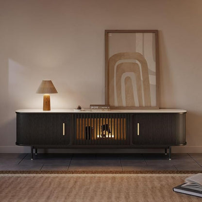 POVISON Fully-Assembled Mid Century Modern Black TV Stand with White Glossy Sintered Stone Tabletop & LED Lights, Rolling Door Media Console, Wood TV Console for Living Room