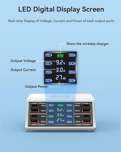 USB Charging Station,100W 8-Port Charging Station for Multiple Devices with 4 QC3.0+4 USB-C PD Ports,Wireless Charger,Multi Fast Charging Hub Charger Station for iPhone,Samsung, iPad