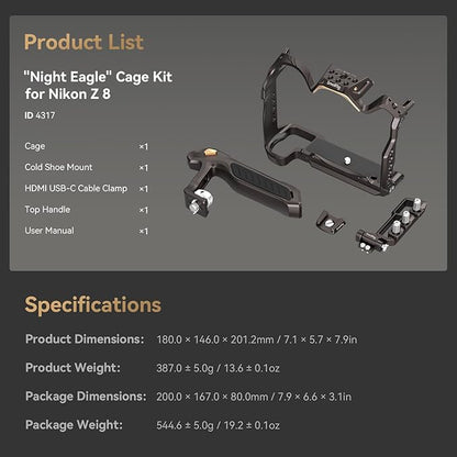 SmallRig Night Eagle Z8 Camera Cage Kit for Nikon Z 8, Aluminum Alloy Full Camera Cage, with Quick Release Plate for Arca-Swiss and Cold Shoe Mount for Microphone and Light - 4317