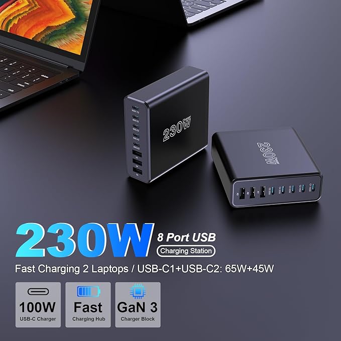 230W USB C Charging Station, Graaci Compact 8 Ports GaN Desktop Charger, PD 100W PPS 45W Super Fast Charger, Laptop Wall Charger Block for MacBook Pro, iPad, iPhone 15/14, Galaxy S24/S23, and More