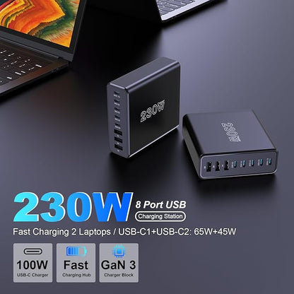 230W USB C Charging Station, Graaci Compact 8 Ports GaN Desktop Charger, PD 100W PPS 45W Super Fast Charger, Laptop Wall Charger Block for MacBook Pro, iPad, iPhone 15/14, Galaxy S24/S23, and More
