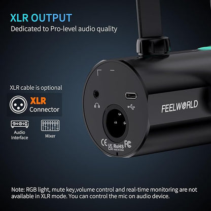 FEELWORLD PM1 XLR USB Dynamic Microphone with Desktop Stand Gifts for Podcast Recording PC Computer Gaming Live Streaming Vocal Voice-Over, Studio Metal Mic, RGB Light, Mute Button, Headphones Jack