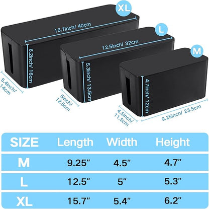 Cable Management Box, 3 Pack Cord Organizer Boxes with 33 PCS Cable Management Set to Cover Hide Power Strip, Surge Protector Under Desk & on Floor, Wire Concealer for Home Office Computer TV (Black)
