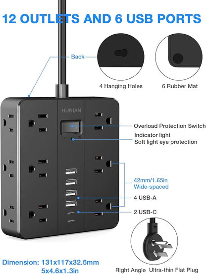 Flat Plug Power Strip Surge Protector, HUNIAN 5 Ft Extension Cord with 12 Widely Spaced Multiple Outlets 6 USB Charger (2 USB C Ports), Desk Charging Station for Home Office Supplies, Black