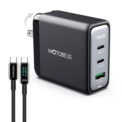 WOTOBEUS USB C GaN Wall Charger Block with ETL, Type-C Laptops Power Adapter PD3.0 100W 65W 20W, Cable with Power Display, for iPhone 17/16/15 Galaxy Pixel Motorola MacBook & Laptops