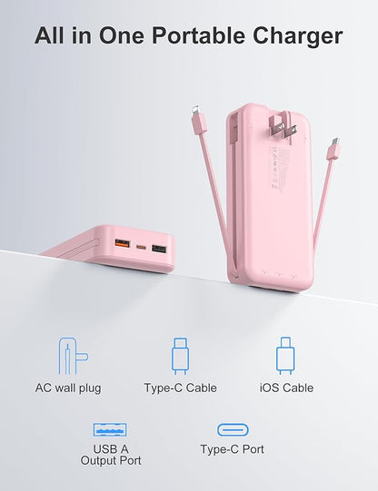 aonidi 20000mAh Ultra-Portable-Charger-Power-Bank PD20W with Built in Cables&AC Wall Plug,Fast Charging Cell Phone Charger Battery Pack,LED Display Travel Battery Bank for All iPhone,Samsung,Android