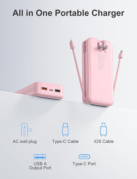 aonidi 20000mAh Ultra-Portable-Charger-Power-Bank PD20W with Built in Cables&AC Wall Plug,Fast Charging Cell Phone Charger Battery Pack,LED Display Travel Battery Bank for All iPhone,Samsung,Android