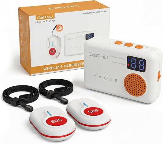 CallToU Caregiver Pager Wireless Call Button 500FT for Elderly Monitoring Vibration Call Bell Medical Alert System with Digital Display Low Power Reminder 2 Portable Receiver 2 SOS Call Button