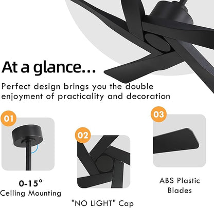 WINGBO 54" ABS DC Ceiling Fan No Light, 5 Blade ABS Plastic Ceiling Fan with Remote, 6-Speed Reversible DC Motor, Ceiling Fans without Light for Kitchen Bedroom Living Room, Matte Black