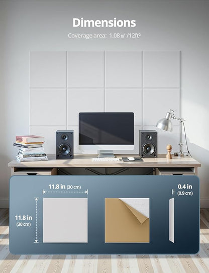 Square Acoustic Wall Panels, Sound Absorbing Panels for Walls, Ceiling, Doors, 12 Pack 12"x12"x0.4" Self Adhesive Decorative White Acoustic Tiles for Recording Studio, Office, Room, Home