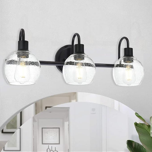 WINSHEN Modern 3-Lights Black Vanity Light Fixtures Farmhouse Metal Bathroom Lighting with Seeded Globe Glass for Hallway Kitchen Over Mirror Bedroom