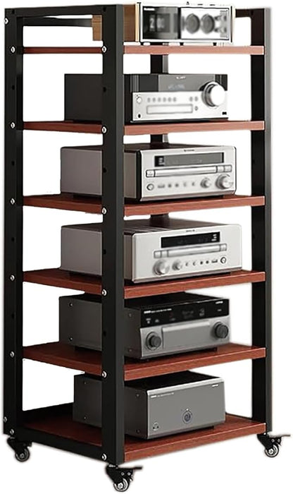 Dernoing 6 Tier Audio Rack Tower, CD Record Player Stereo Receiver AV Equipment Cabinet Display Rack, Weight Capacity 661 lbs, with Adjustable Wooden Shelves for Home (6 Tier Teakwood)