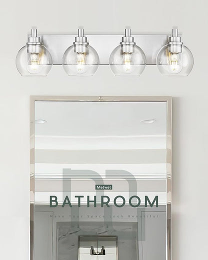 METWET Bathroom Light Fixtures, 4 Light Brushed Nickel Vanity Light, 26 Inch Modern Wall Sconces with Globe Clear Glass Shade, Vanity Lighting Fixtures Over Mirror, VL195-BN-CL-4