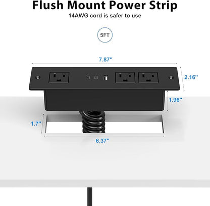 Furniture Drawer Outlet, Recessed Power Strip with (3) PD 20W USB Ports Fast Charging & (3) 15 Amp AC Outlets, (14 AWG) 5 FT Spring Black Cord
