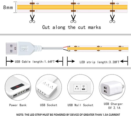 UVTaoYuan Led Strip Lights, 5V USB LED Lighting COB Short LED Strip Light White Flexible Not Dimmable led Light for Display Cabinet, Living Room,DIY Home COB Lighting Decor tv Lights (3.28FT 6500K)