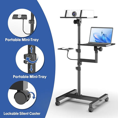 GSOW 2 Shelves Mobile Projector Stand, Rolling Laptop Stand Adjustable Height to 47 Inches, Podium Stands with Ventilated Tray, Heavy Duty, Laptop Floor Stand for Office, Home, Stage, DJ