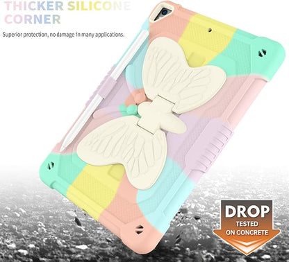 BLOSOMEET Pink Kids Case for iPad 9th/8th/7th Generation 2021/2020/2019 10.2 Inch with Tempered Glass Screen Protector & Butterfly Stand Cover for iPad 10.2 with Shoulder Strap Pencil Holder