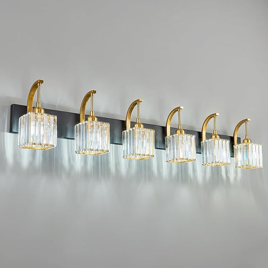 FDPBY Crystal Vanity Lights 6-Light Black Gold Bathroom Vanity Lights Modern Crystal Bathroom Light Fixtures Over Mirror 51.18" Long Vanity Light for Bathroom