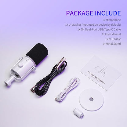 FEELWORLD PM1 XLR USB Dynamic Microphone with Desktop Stand Gifts for Podcast Recording PC Computer Gaming Streaming Vocal Voice-Over, Studio Metal Mic, RGB Light, Mute Button, Headphones Jack (White)