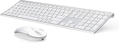 Wireless Keyboard and Mouse, Vssoplor 2.4GHz Rechargeable Compact Quiet Full-Size Keyboard and Mouse Combo with Nano USB Receiver for Windows, Laptop, PC, Notebook-White Silver
