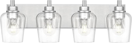 METWET Bathroom Light Fixtures, 4-Light Modern Vanity Light with Clear Glass Wine Glass-Shaped Shade, Vanity Lighting Fixtures Over Mirror, Brushed Nickel, VL155-BN-4