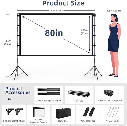 Projector Screen Outdoor, Vamvo Projector Screen with Stand Portable 80" Foldable ProjectorScreen, 10 Feet Indoor Movie-Screen with Carrying Bag for Home Theater Backyard Movie Night