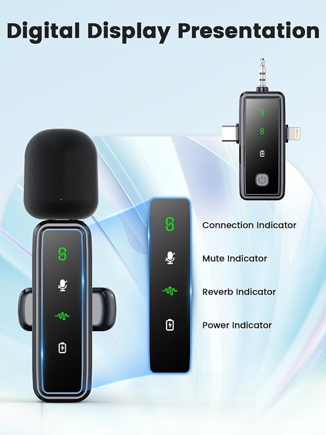 3 in 1 Wireless Lavalier Microphones for iPhone/Android/Camera, 2 Pack Mini Microphone LED Display Lapel Omnidirectional Mic with Mute/Reverb/Noise Reduction for TikTok/Podcast/Vlog Recording