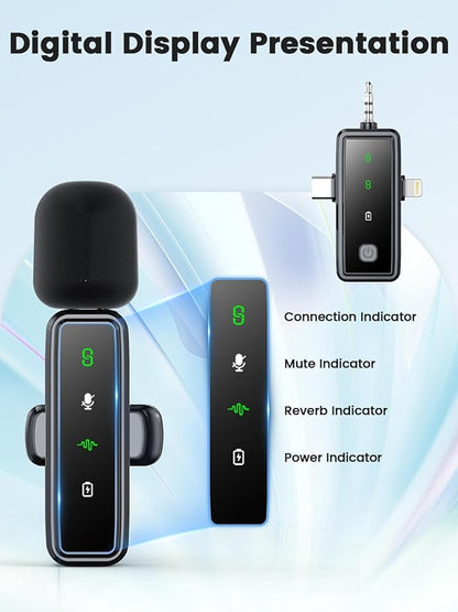 3 in 1 Wireless Lavalier Microphones for iPhone/Android/Camera, 2 Pack Mini Microphone LED Display Lapel Omnidirectional Mic with Mute/Reverb/Noise Reduction for TikTok/Podcast/Vlog Recording
