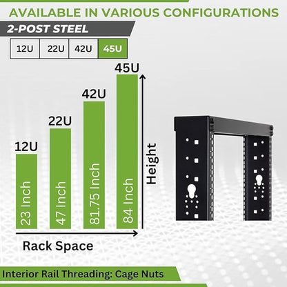 NavePoint 45U 2 Post Open Frame Server Rack for 19 Inch Equipment, AV, Networking, Data & IT Devices, 2-Post Rack 45U 881lbs Weight Capacity, Black