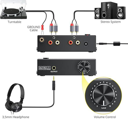 PROZOR Pre Amplifier for Turntable Audiophile M/M Phono preamp with Level Volume Controls with RCA Input, RCA/3.5MM Output interfaces, Low Noise Operation Including 12V 1A Power Adapter