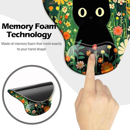 Ergonomic Mouse Pad with Wrist Support,Mouse Pad with Wrist Rest and Coaster Set,Office Supplies Non-Slip Mouse Pads for Desk, Non-Slip Comfortable,Cute Black Cat
