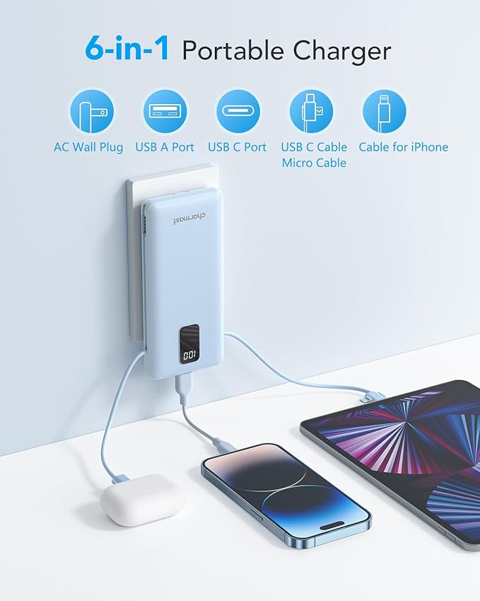 charmast Portable Charger with Built-in Cables & Wall Plug, 10000mAh Portable Power Bank, External Battery Pack Travel Essentials Compatible with iPhone 16/15/14/13, Samsung, iPad etc