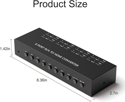 RuiPuo 8Port AV to HDMI Converter Adapter Support 16:9/4:3 Switch for Wii/N64/PS1/PS2/PS3/VHS/VCR/DVD Players etc (8Port RCA in to 1 HDMI Converter with IR Remote)