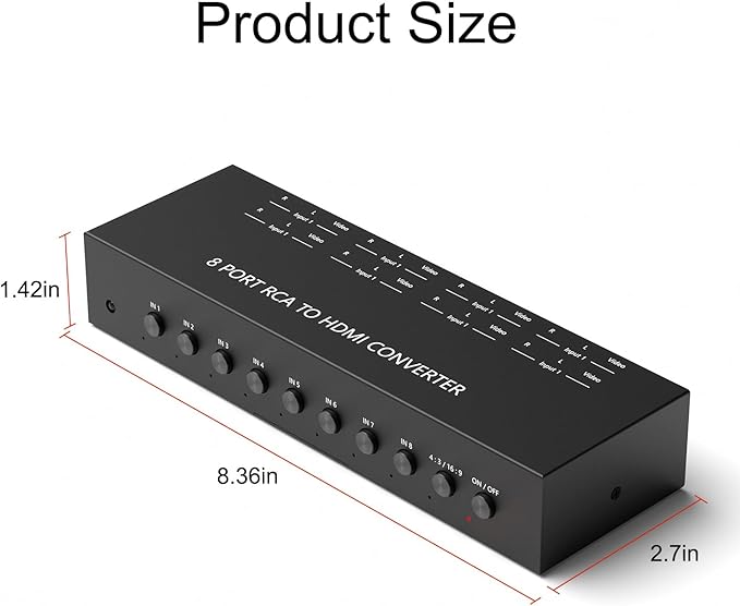 Azduou 8 AV to HDMI Converter, 1080P/720P 8 Way RCA Composite CVBS AV Switch to HDMI Converter Adapter Support 4:3/16:9 Switch for Sega Xbox PS1 PS2 PS3 N64 NGC SNES WII VHS VCR Camera DVD