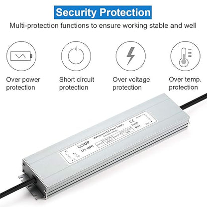 LED Power Supply 150 Watts LLTOP Waterproof IP67 LED Driver 100-264V AC to 12V DC 12.5A Low Voltage Transformer Converter Ultra Slim Power Adapter for Indoor Outdoor LED Lights