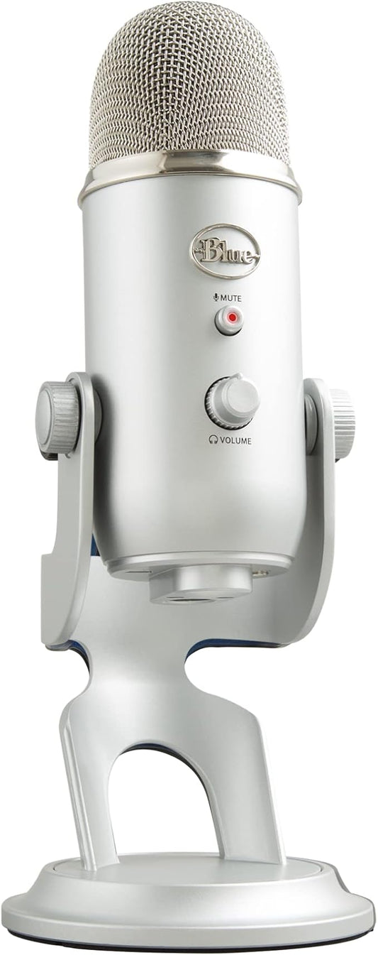 Blue Microphones Yeti Silver USB Mic for Recording, Streaming & Gaming on PC and Mac with Blue Voce Effects 4 Pickup Patterns, Headphone Output, Volume Control, Mic Gain Control, & Adjustable Stand