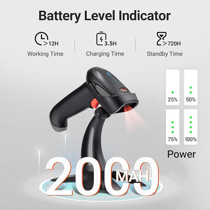 Tera Barcode Scanner Wireless 1D 2D QR with Stand: Battery Level Indicator 3 in 1 Works with Bluetooth 2.4G Wireless USB Wired Handheld Bar Code Reader with Vibration Alert HW0002 Grey