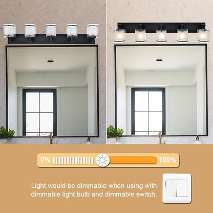 WINSHEN 5-Lights Bathroom Light Fixtures, Matte Black Modern Vanity Lights with Rectangular Frosted Glass for Over Mirror Dressing Table, E26 Bulb Base