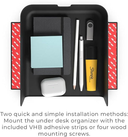 HumanCentric Under Desk Storage Shelf, Drawer Organizer for Office, Workstations, Tables, Sit Stand Desks, Gaming Setups, Mountable Storage Tray, Cable Management, Screw or Stick On, 2 Pack