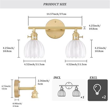 Shenmoyl Bathroom Light Fixtures, 2-Light Brass Vanity Wall Light Over Mirror with White Tulip Glass Shade for Bedroom Living Room (Bulb Not Included)