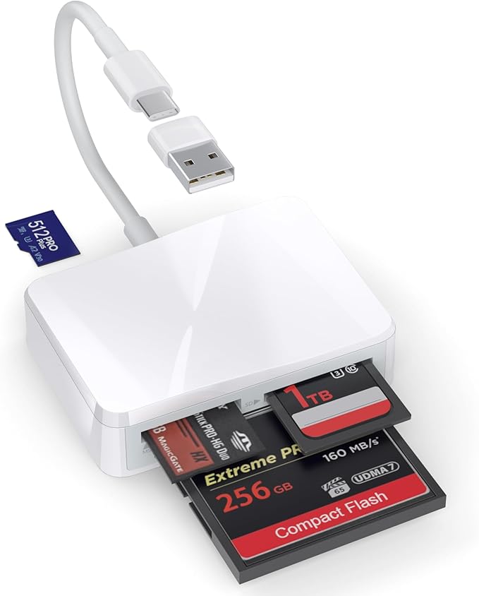SD Card Reader, 4 in 1 USB C to SD/TF/CF/MS Card Reader with USB to USB C Adapter Memroy Card Reader for iPhone 17/16/15 Pro Max iPad Pro MacBook Pro/Air iMac M4/M3/M2 Android Phone/Tablet PC (White)