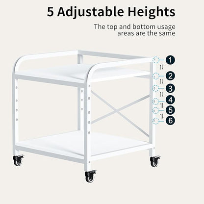 Vokumba 20 Inches Large White Printer Stand, 2-Tier Under Desk Printer Table with Height Adjustable Shelf, Rolling Printer Cart with Industrial Wheels for Home Office (White)